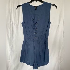 Forever 21 Women’s Steel Blue Romper Jumpsuit Tank with Lace-up V Neck Size S